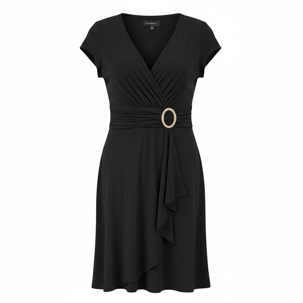 R&M Richards - Women's Black Faux Wrap Midi Dress Rhinestone Buckle Size 10 NWT